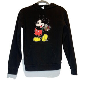 Disney Mickey Mouse With Flowers Black Hoodie Size Small